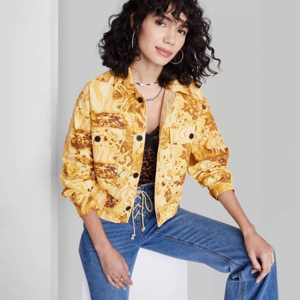 Wild Fable Cropped Canvas Surplus Shacket - Yellow Floral - Picture 3 of 7